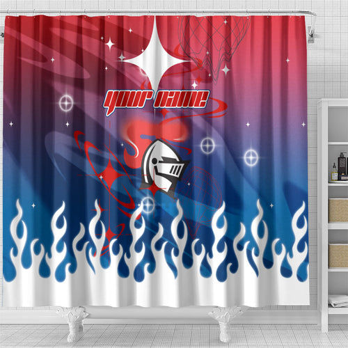 Personalized Newcastle Knights Shower Curtain Y2K Grunge Aesthetic With Cyber Flames and Starburst Graphics