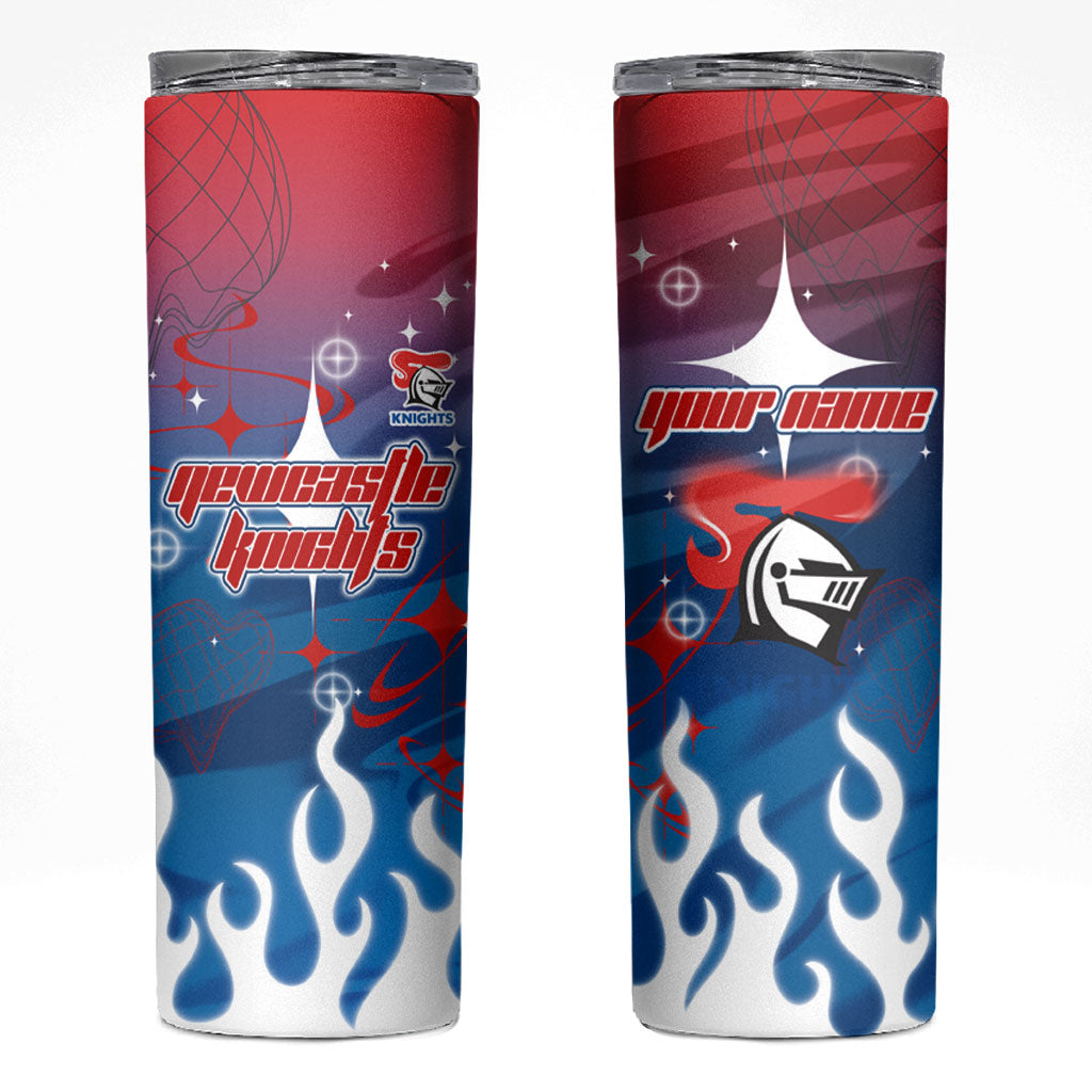 Personalized Newcastle Knights Skinny Tumbler Y2K Grunge Aesthetic With Cyber Flames and Starburst Graphics
