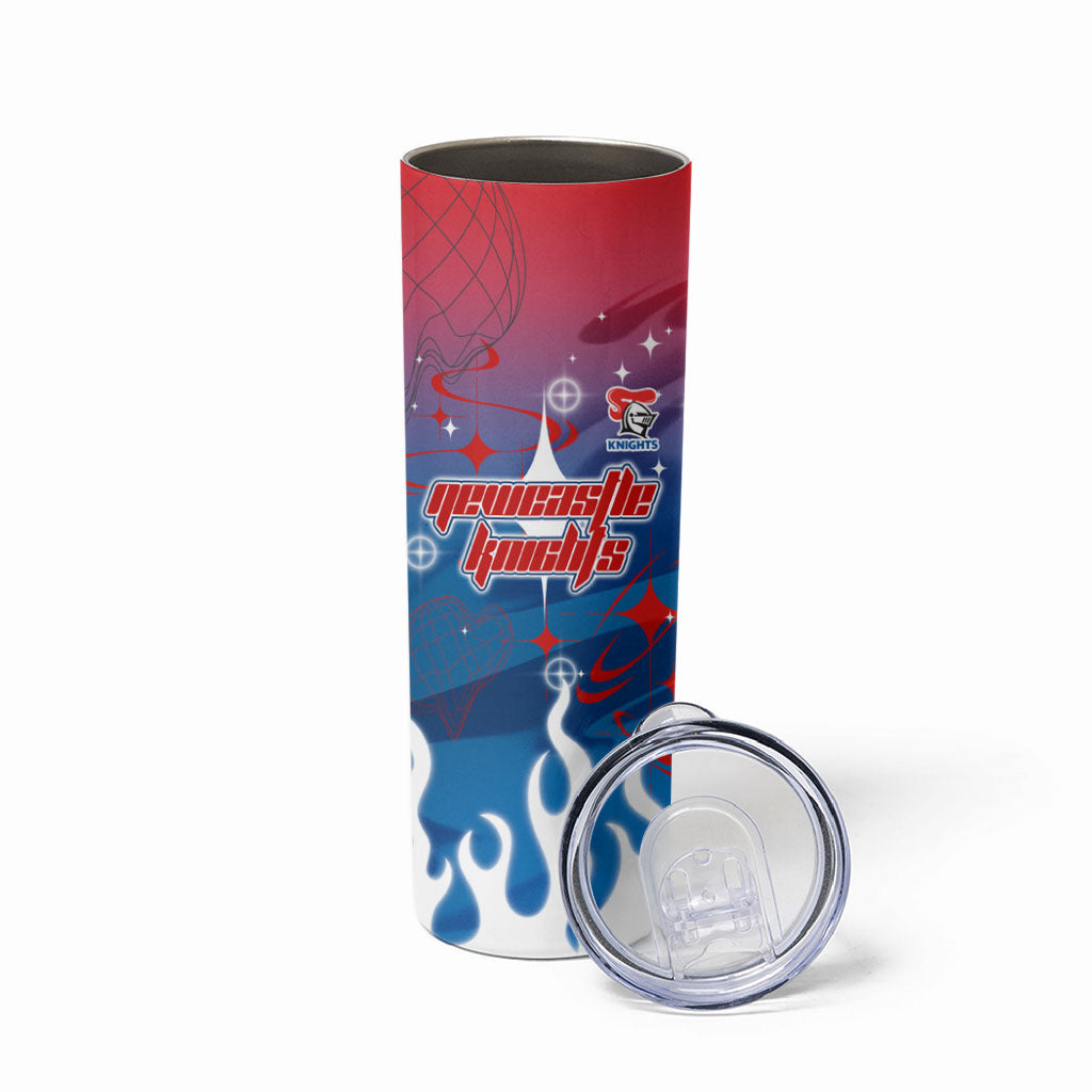 Personalized Newcastle Knights Skinny Tumbler Y2K Grunge Aesthetic With Cyber Flames and Starburst Graphics