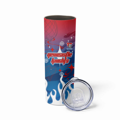 Personalized Newcastle Knights Skinny Tumbler Y2K Grunge Aesthetic With Cyber Flames and Starburst Graphics
