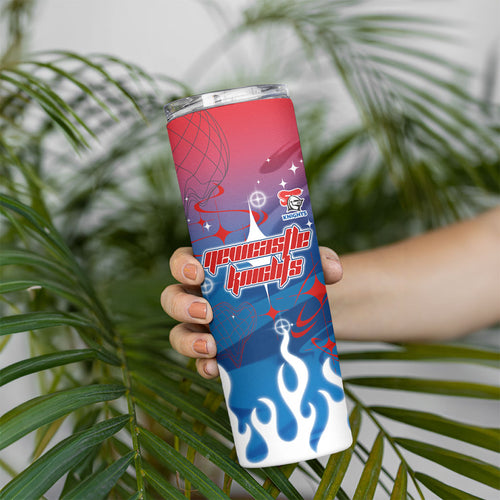 Personalized Newcastle Knights Skinny Tumbler Y2K Grunge Aesthetic With Cyber Flames and Starburst Graphics