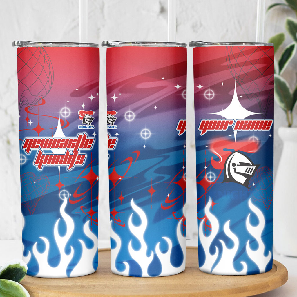 Personalized Newcastle Knights Skinny Tumbler Y2K Grunge Aesthetic With Cyber Flames and Starburst Graphics
