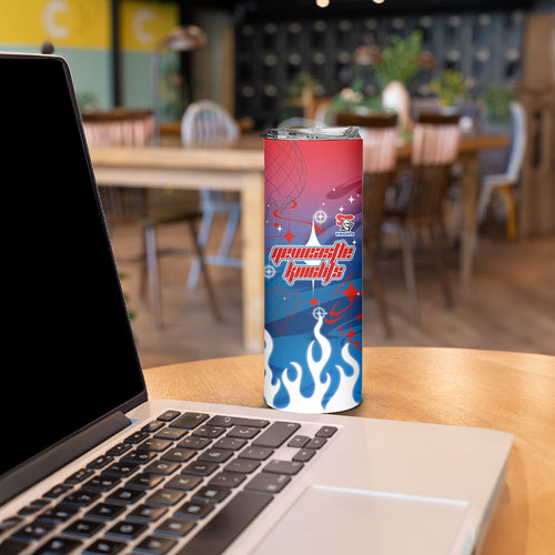 Personalized Newcastle Knights Skinny Tumbler Y2K Grunge Aesthetic With Cyber Flames and Starburst Graphics