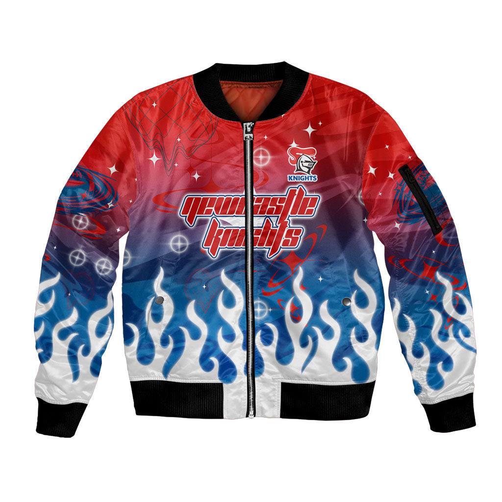 Personalized Newcastle Knights Sleeve Zip Bomber Jacket Y2K Grunge Aesthetic With Cyber Flames and Starburst Graphics