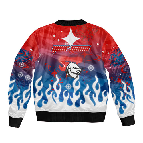 Personalized Newcastle Knights Sleeve Zip Bomber Jacket Y2K Grunge Aesthetic With Cyber Flames and Starburst Graphics