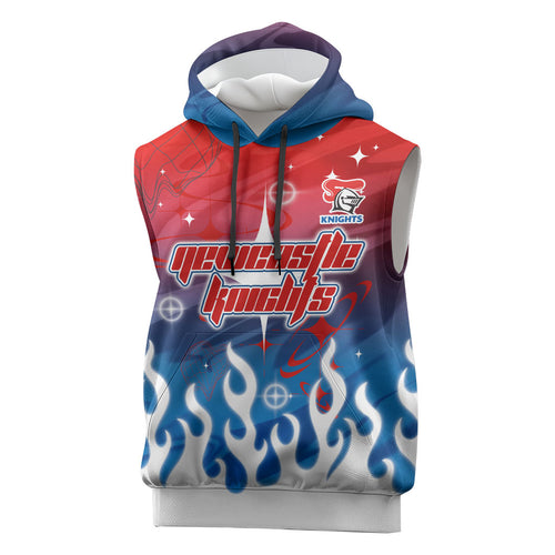 Personalized Newcastle Knights Sleeveless Hoodie Y2K Grunge Aesthetic With Cyber Flames and Starburst Graphics
