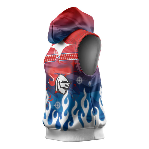 Personalized Newcastle Knights Sleeveless Hoodie Y2K Grunge Aesthetic With Cyber Flames and Starburst Graphics