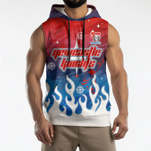 Personalized Newcastle Knights Sleeveless Hoodie Y2K Grunge Aesthetic With Cyber Flames and Starburst Graphics