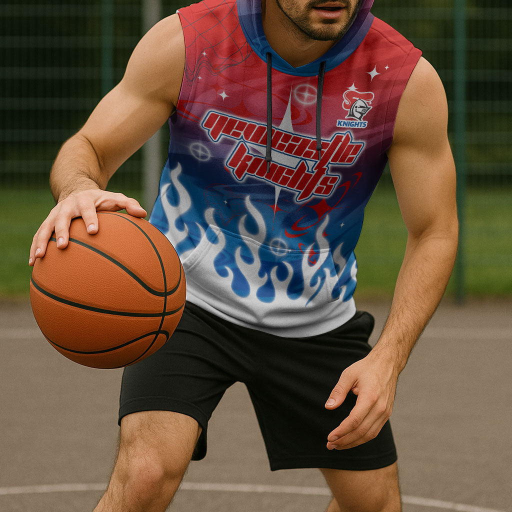 Personalized Newcastle Knights Sleeveless Hoodie Y2K Grunge Aesthetic With Cyber Flames and Starburst Graphics