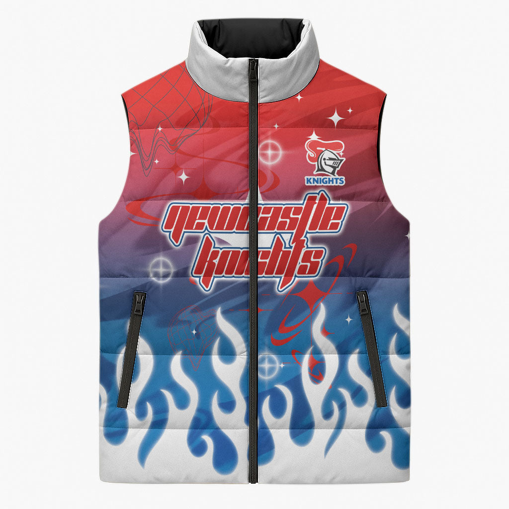 Personalized Newcastle Knights Sleeveless Puffer Jacket Y2K Grunge Aesthetic With Cyber Flames and Starburst Graphics