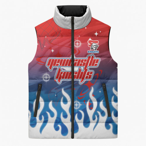 Personalized Newcastle Knights Sleeveless Puffer Jacket Y2K Grunge Aesthetic With Cyber Flames and Starburst Graphics