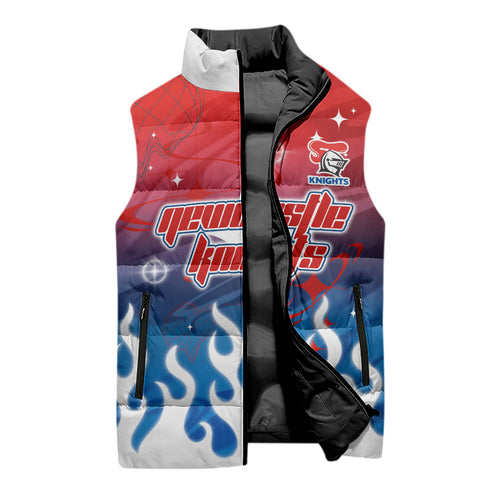 Personalized Newcastle Knights Sleeveless Puffer Jacket Y2K Grunge Aesthetic With Cyber Flames and Starburst Graphics
