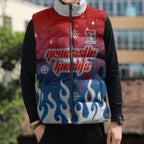 Personalized Newcastle Knights Sleeveless Puffer Jacket Y2K Grunge Aesthetic With Cyber Flames and Starburst Graphics