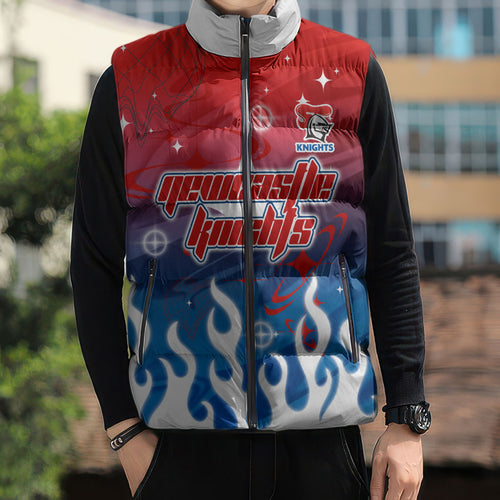 Personalized Newcastle Knights Sleeveless Puffer Jacket Y2K Grunge Aesthetic With Cyber Flames and Starburst Graphics