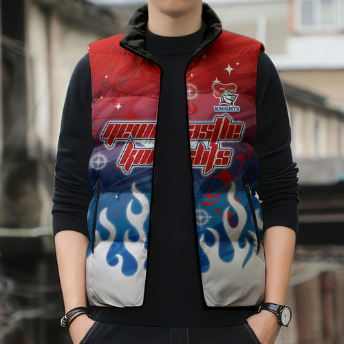 Personalized Newcastle Knights Sleeveless Puffer Jacket Y2K Grunge Aesthetic With Cyber Flames and Starburst Graphics