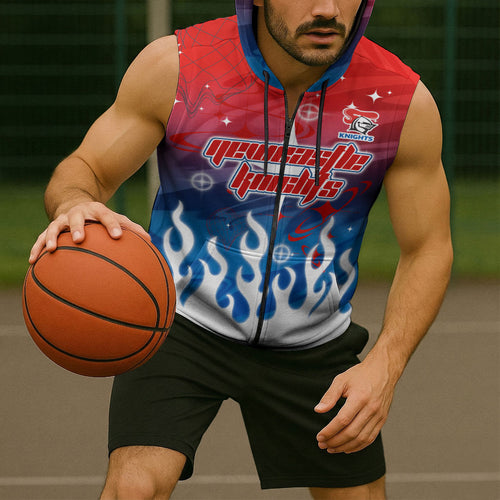Personalized Newcastle Knights Sleeveless Zip Hoodie Y2K Grunge Aesthetic With Cyber Flames and Starburst Graphics