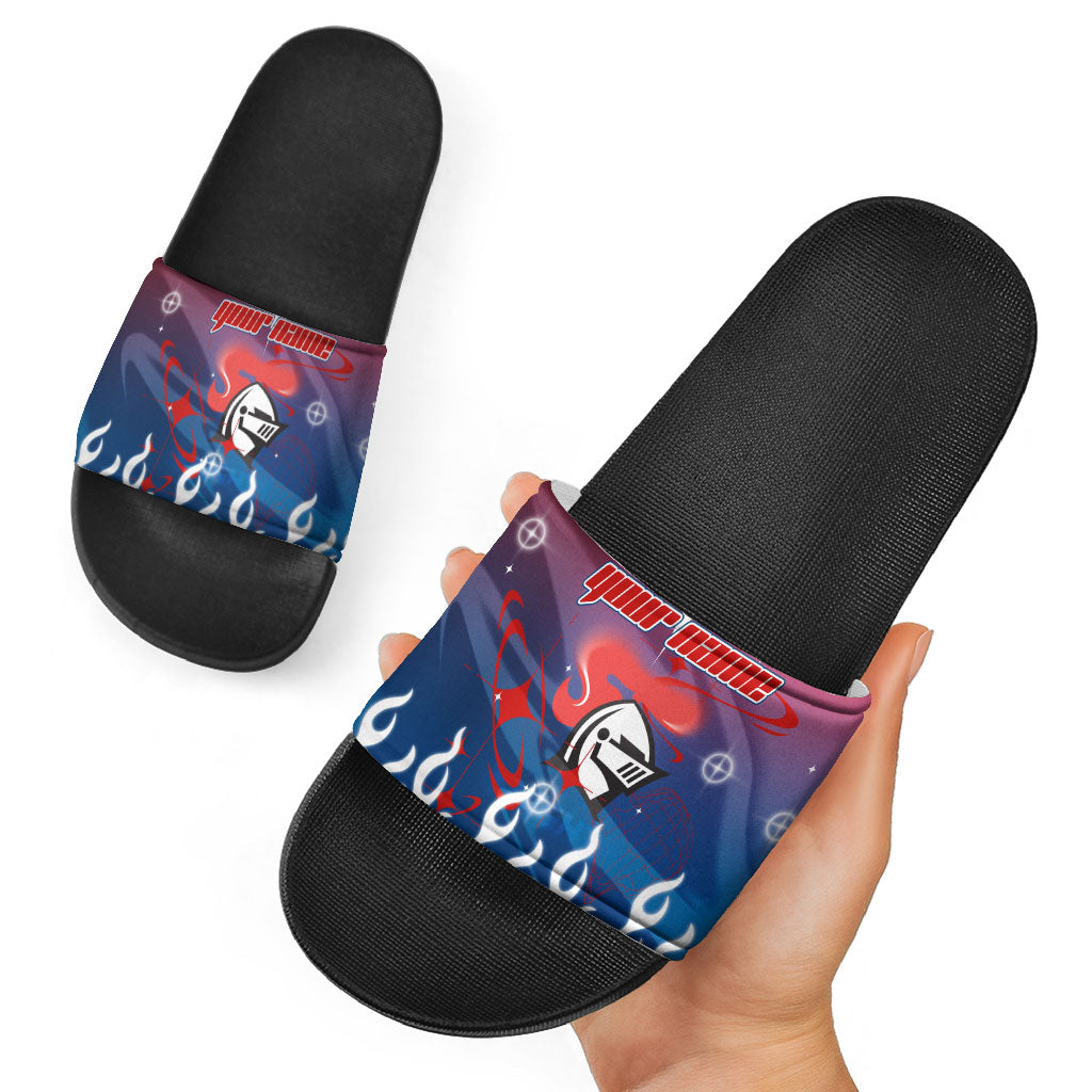 Personalized Newcastle Knights Slide Sandals Y2K Grunge Aesthetic With Cyber Flames and Starburst Graphics