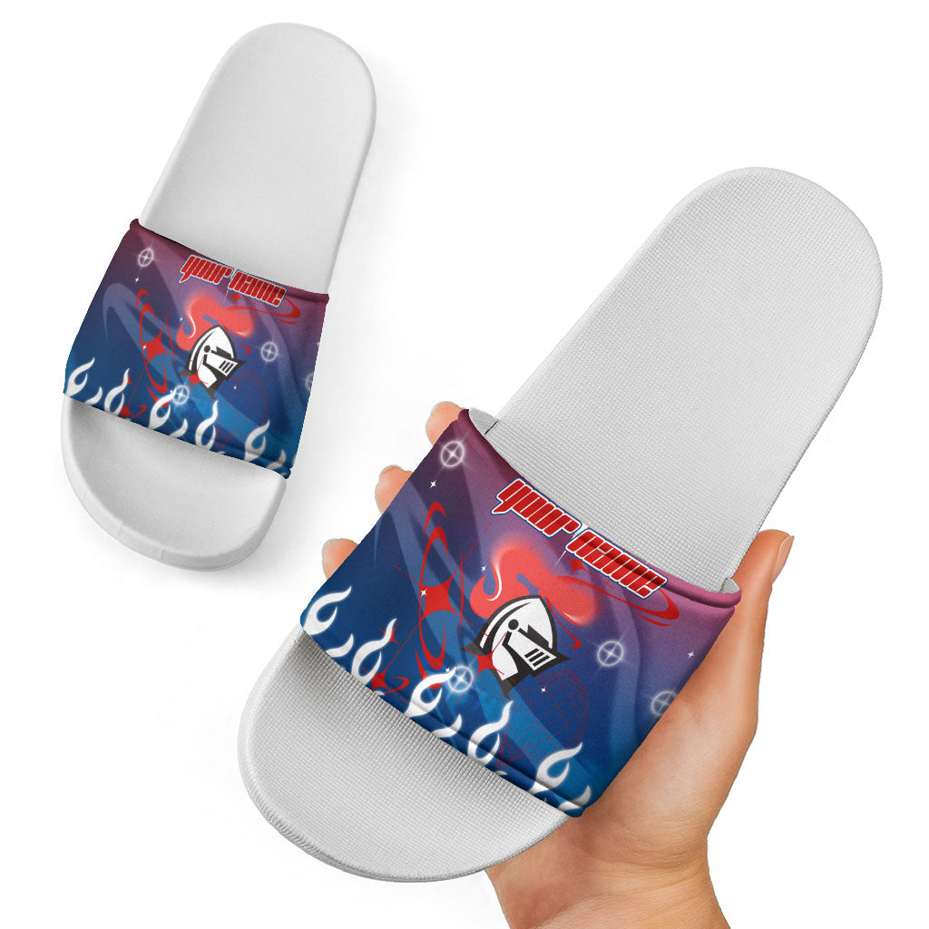 Personalized Newcastle Knights Slide Sandals Y2K Grunge Aesthetic With Cyber Flames and Starburst Graphics