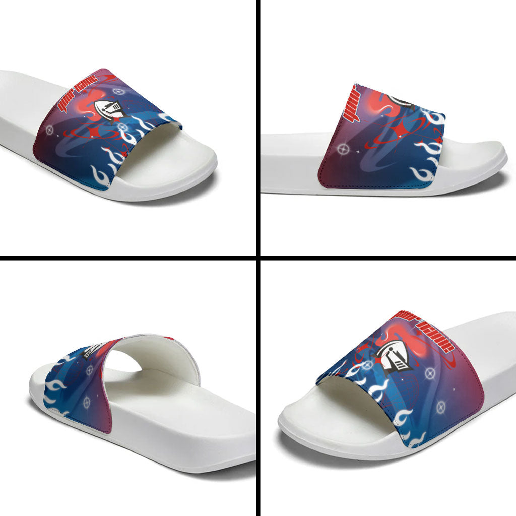 Personalized Newcastle Knights Slide Sandals Y2K Grunge Aesthetic With Cyber Flames and Starburst Graphics