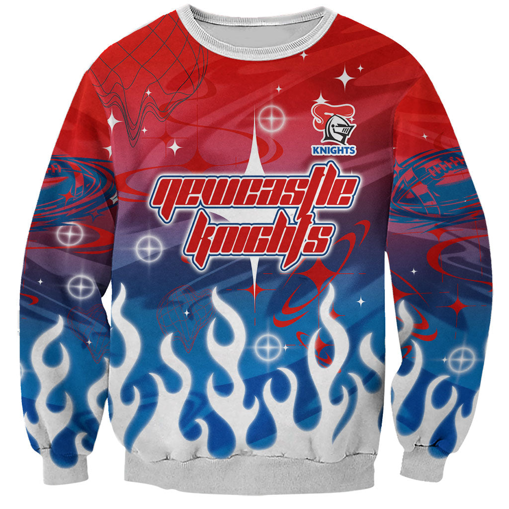 Personalized Newcastle Knights Sweatshirt Y2K Grunge Aesthetic With Cyber Flames and Starburst Graphics