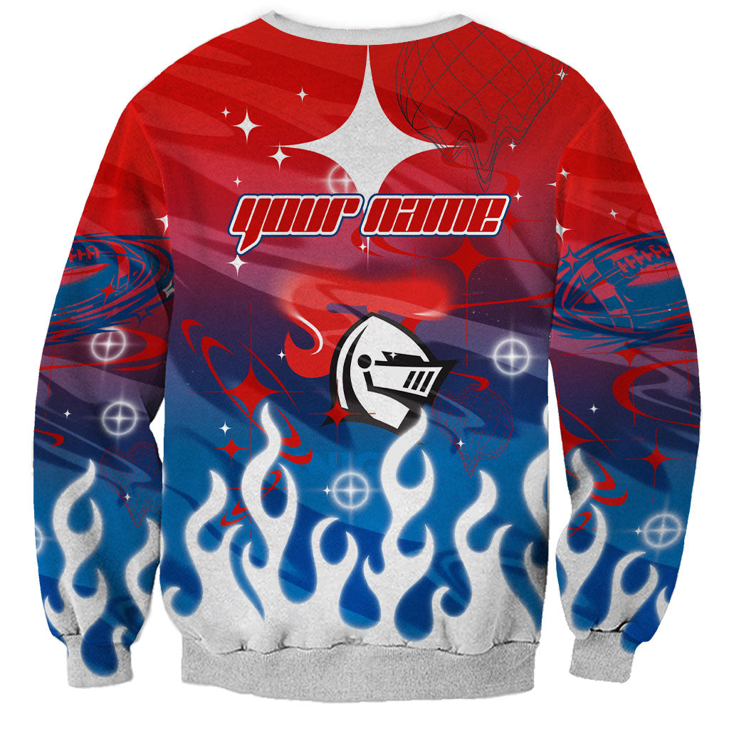Personalized Newcastle Knights Sweatshirt Y2K Grunge Aesthetic With Cyber Flames and Starburst Graphics