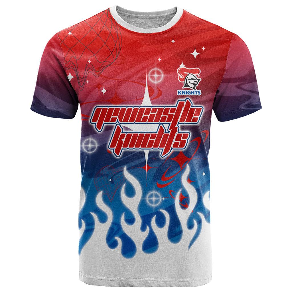 Personalized Newcastle Knights T Shirt Y2K Grunge Aesthetic With Cyber Flames and Starburst Graphics