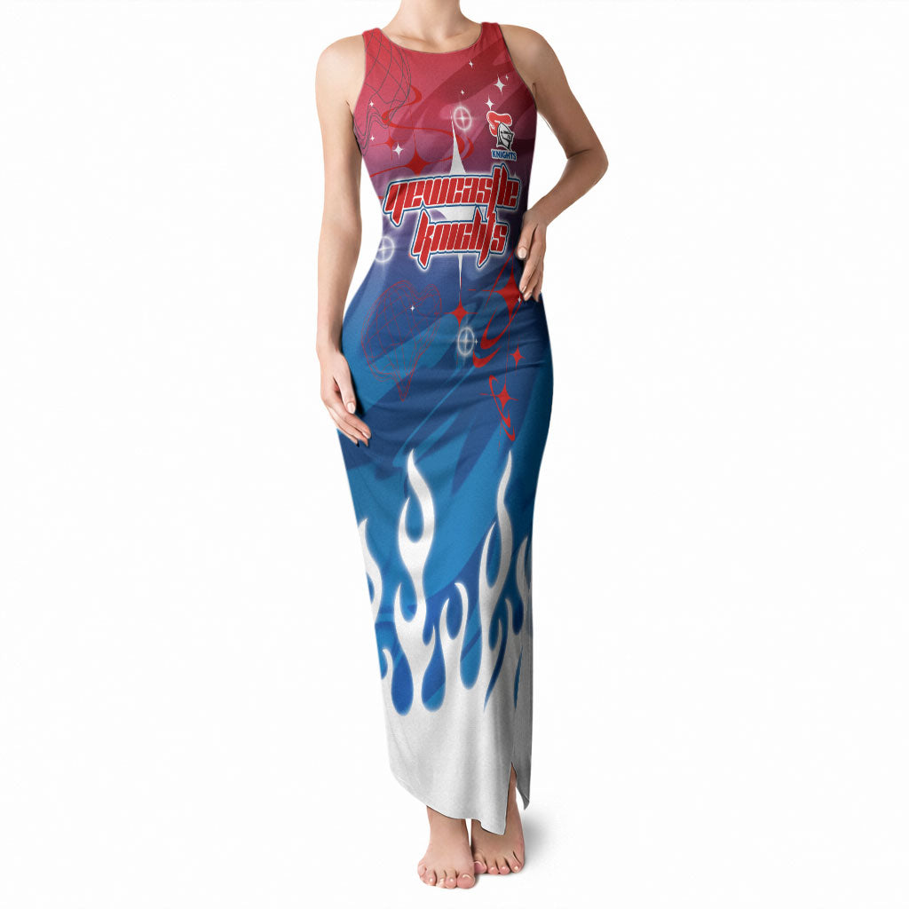 Personalized Newcastle Knights Tank Maxi Dress Y2K Grunge Aesthetic With Cyber Flames and Starburst Graphics
