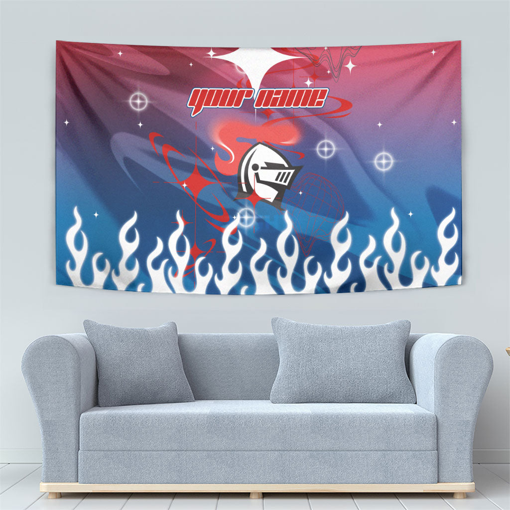 Personalized Newcastle Knights Tapestry Y2K Grunge Aesthetic With Cyber Flames and Starburst Graphics