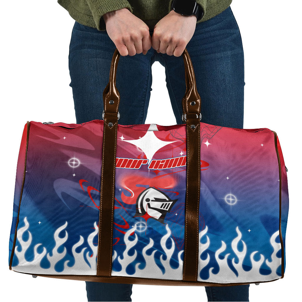 Personalized Newcastle Knights Travel Bag Y2K Grunge Aesthetic With Cyber Flames and Starburst Graphics