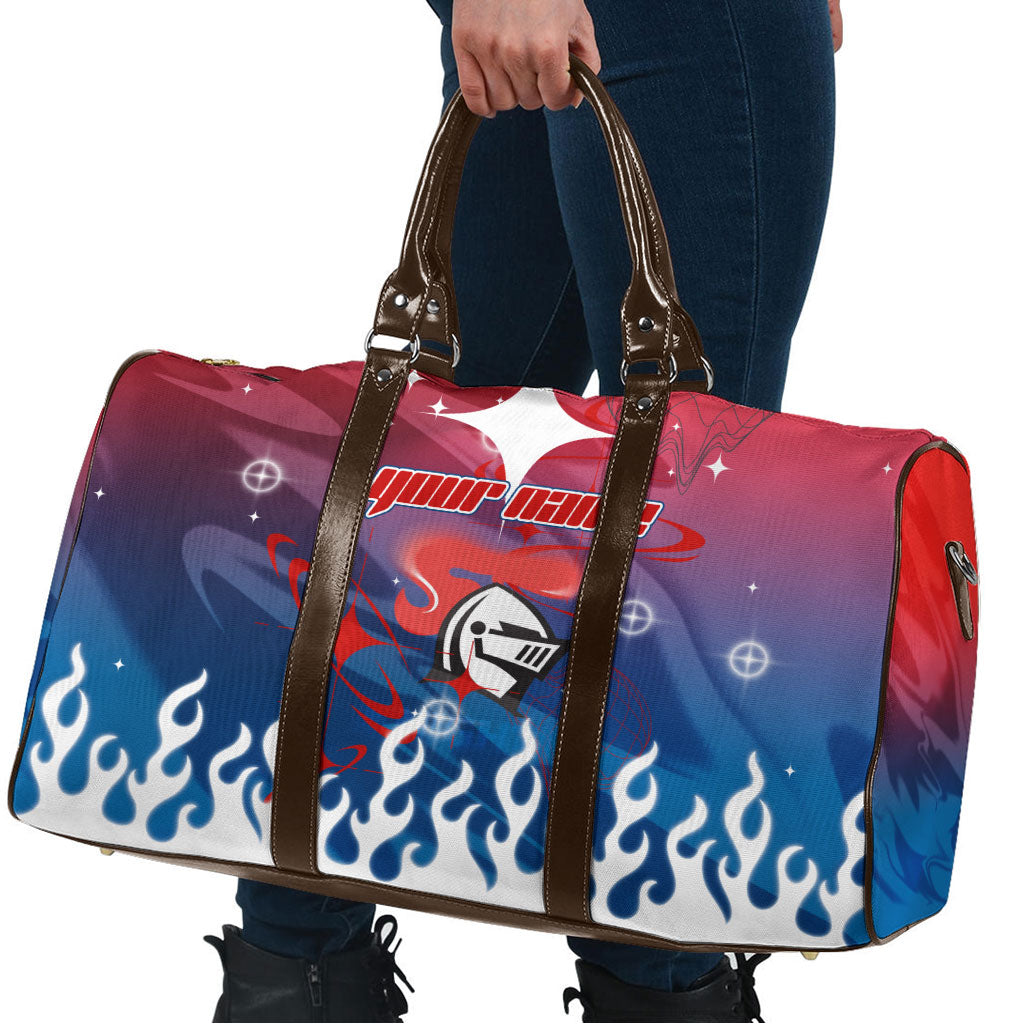 Personalized Newcastle Knights Travel Bag Y2K Grunge Aesthetic With Cyber Flames and Starburst Graphics