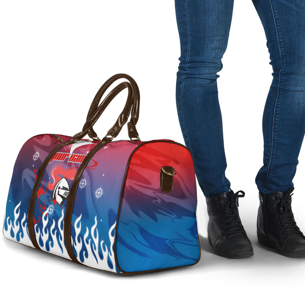 Personalized Newcastle Knights Travel Bag Y2K Grunge Aesthetic With Cyber Flames and Starburst Graphics