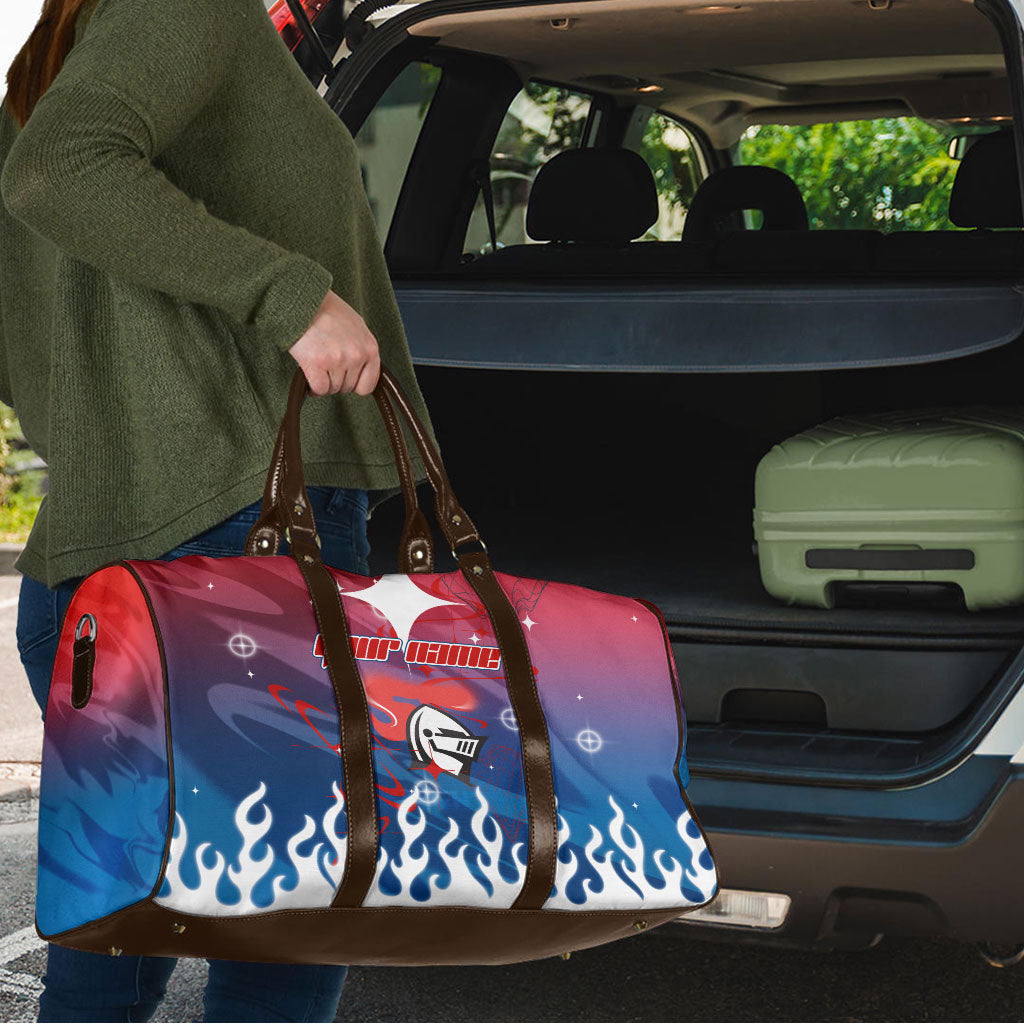 Personalized Newcastle Knights Travel Bag Y2K Grunge Aesthetic With Cyber Flames and Starburst Graphics