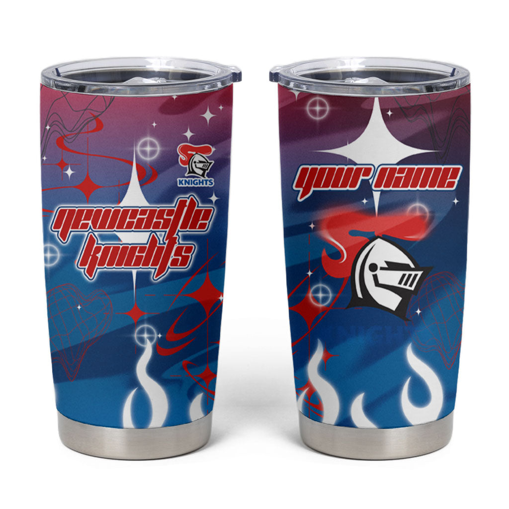 Personalized Newcastle Knights Tumbler Cup Y2K Grunge Aesthetic With Cyber Flames and Starburst Graphics