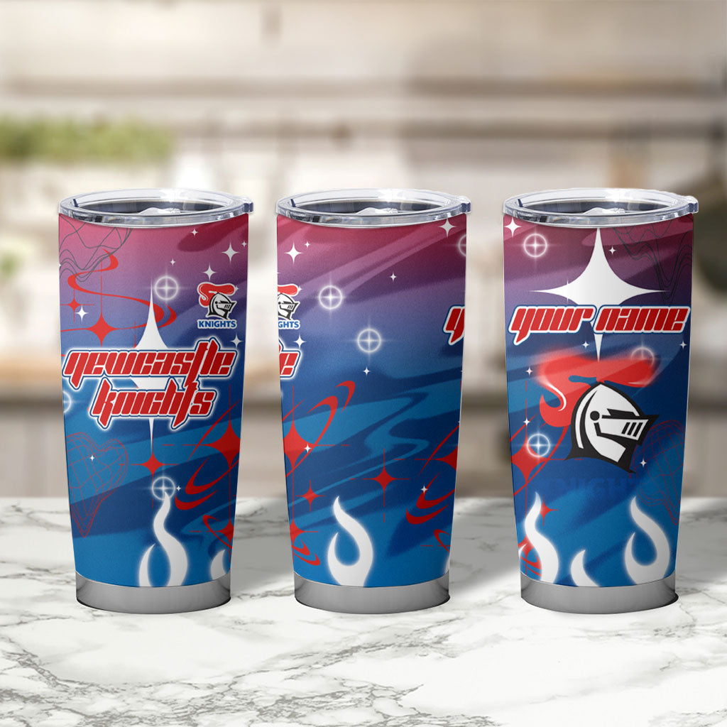 Personalized Newcastle Knights Tumbler Cup Y2K Grunge Aesthetic With Cyber Flames and Starburst Graphics