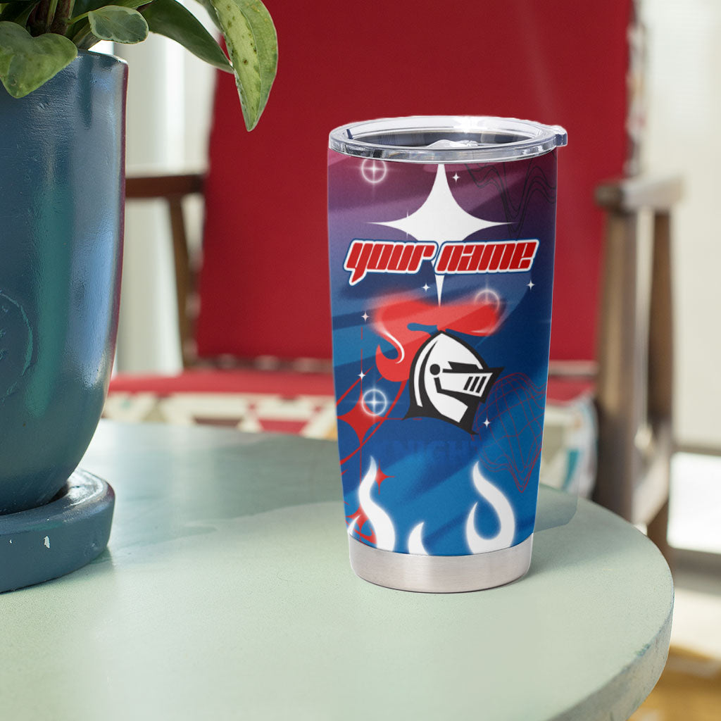 Personalized Newcastle Knights Tumbler Cup Y2K Grunge Aesthetic With Cyber Flames and Starburst Graphics