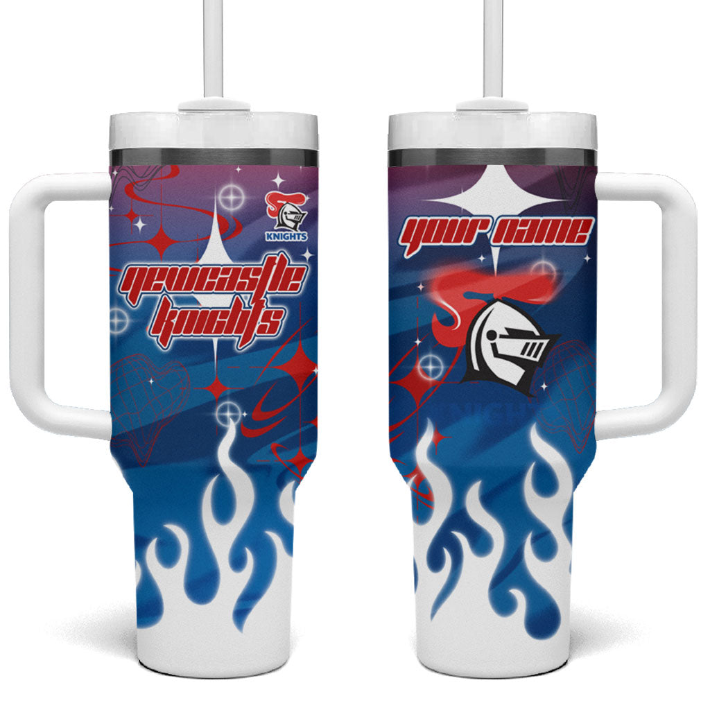 Personalized Newcastle Knights Tumbler With Handle Y2K Grunge Aesthetic With Cyber Flames and Starburst Graphics