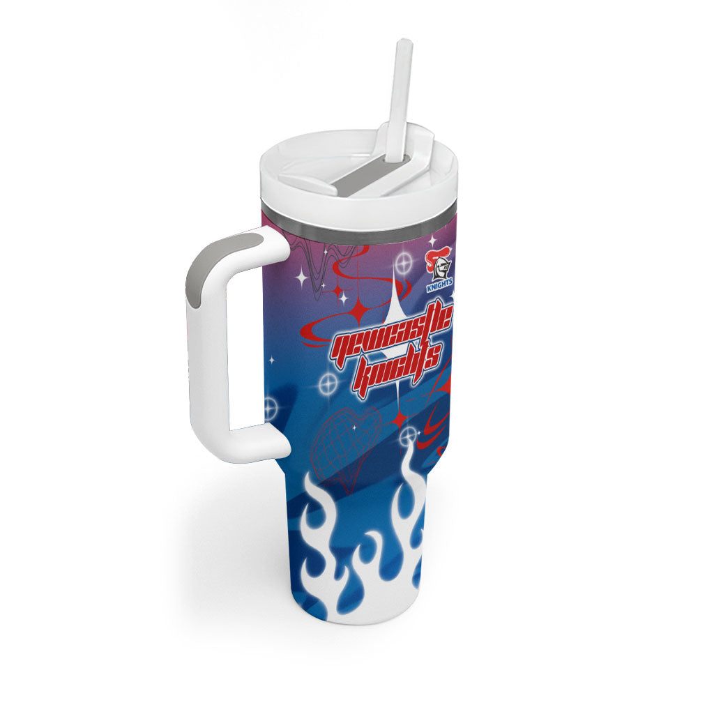 Personalized Newcastle Knights Tumbler With Handle Y2K Grunge Aesthetic With Cyber Flames and Starburst Graphics