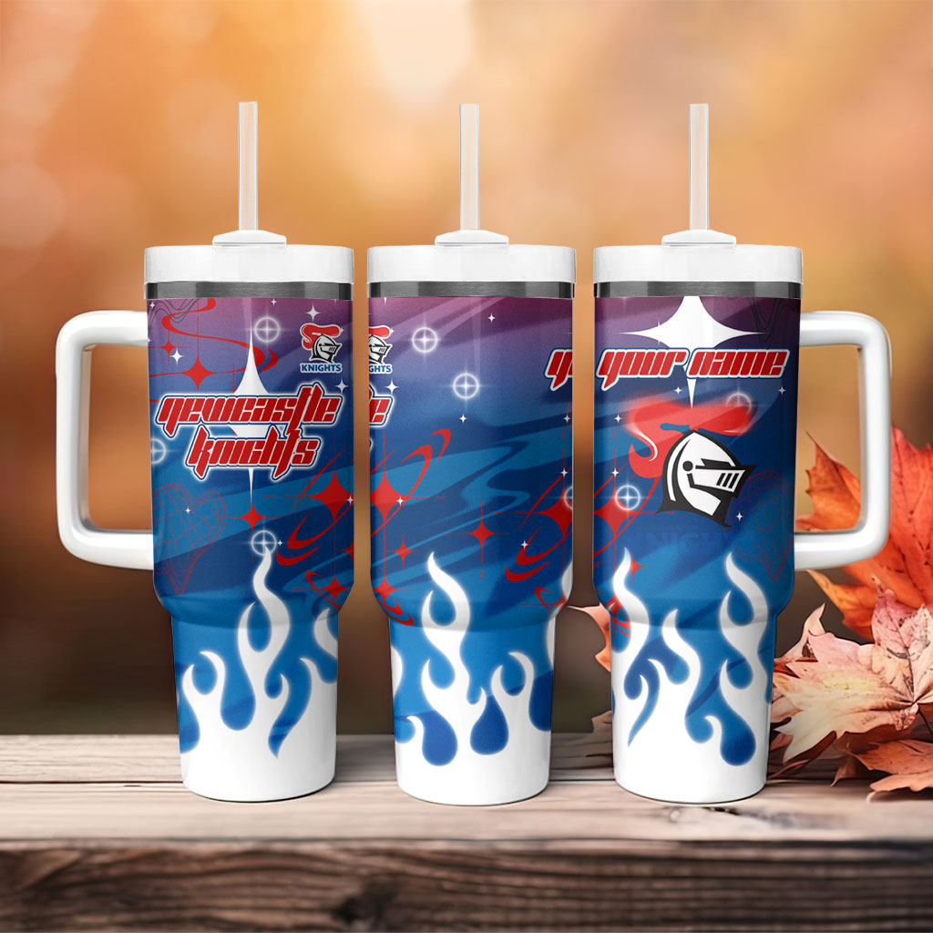 Personalized Newcastle Knights Tumbler With Handle Y2K Grunge Aesthetic With Cyber Flames and Starburst Graphics