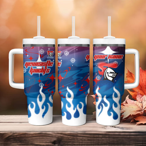 Personalized Newcastle Knights Tumbler With Handle Y2K Grunge Aesthetic With Cyber Flames and Starburst Graphics