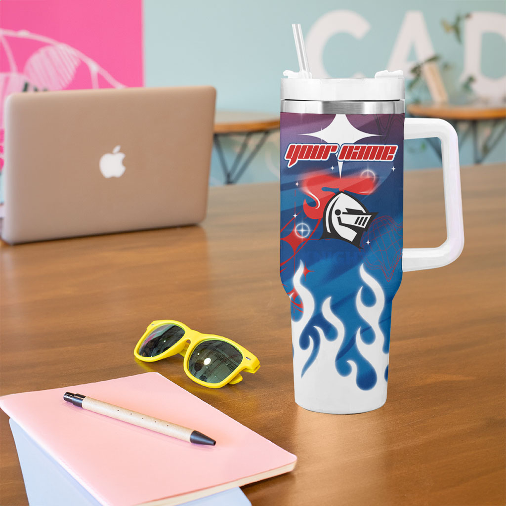 Personalized Newcastle Knights Tumbler With Handle Y2K Grunge Aesthetic With Cyber Flames and Starburst Graphics