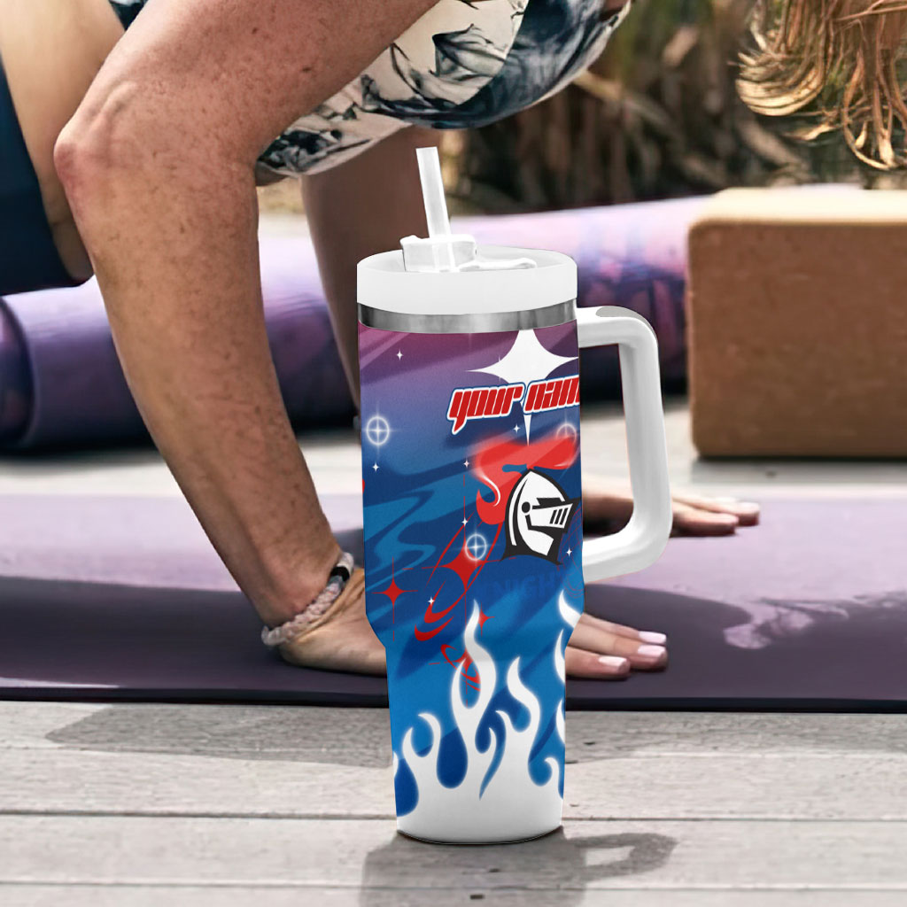 Personalized Newcastle Knights Tumbler With Handle Y2K Grunge Aesthetic With Cyber Flames and Starburst Graphics