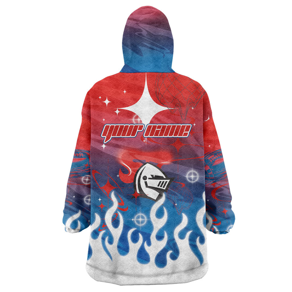 Personalized Newcastle Knights Wearable Blanket Hoodie Y2K Grunge Aesthetic With Cyber Flames and Starburst Graphics