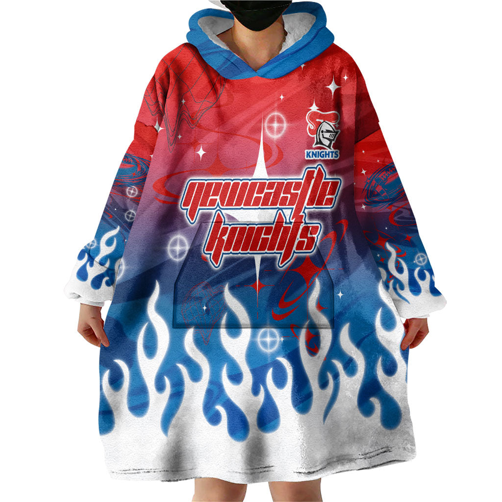Personalized Newcastle Knights Wearable Blanket Hoodie Y2K Grunge Aesthetic With Cyber Flames and Starburst Graphics