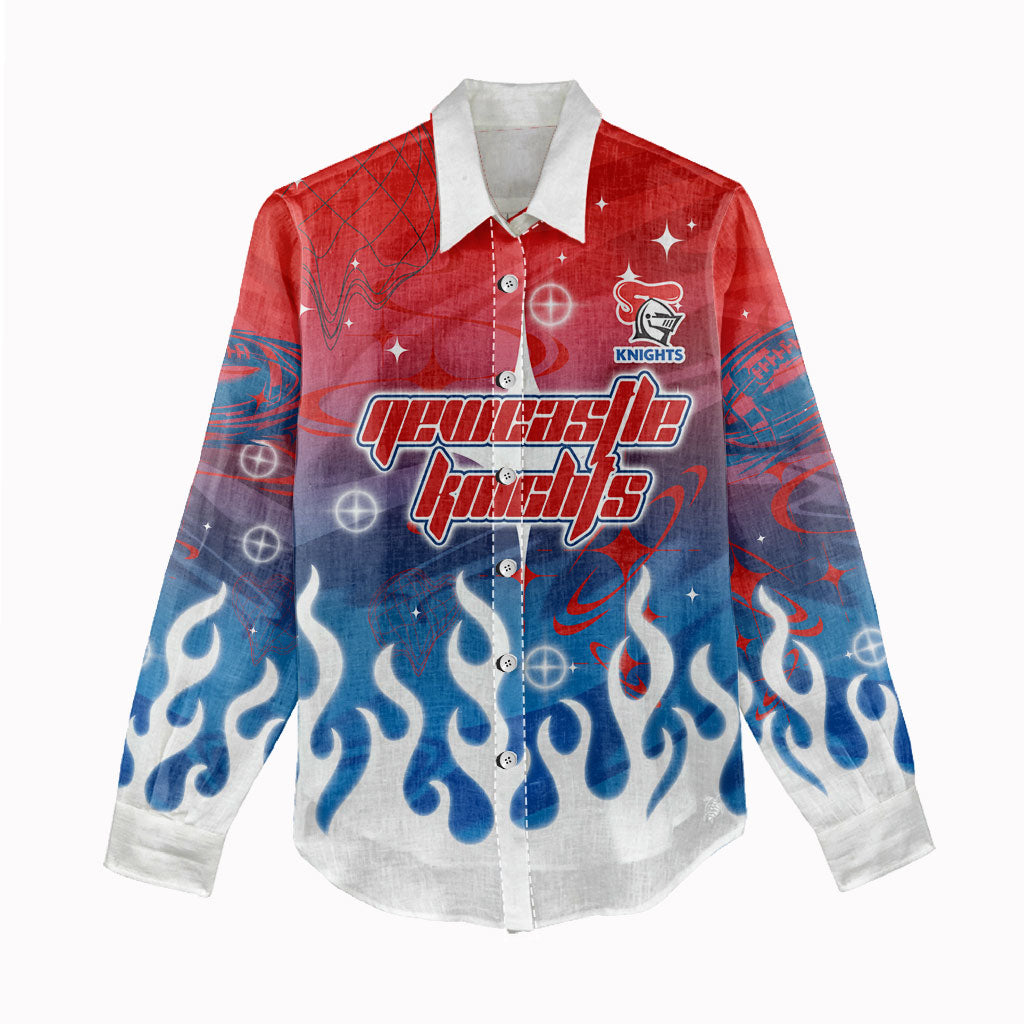 Personalized Newcastle Knights Women Casual Shirt Y2K Grunge Aesthetic With Cyber Flames and Starburst Graphics