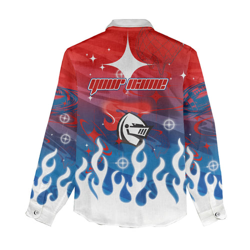 Personalized Newcastle Knights Women Casual Shirt Y2K Grunge Aesthetic With Cyber Flames and Starburst Graphics