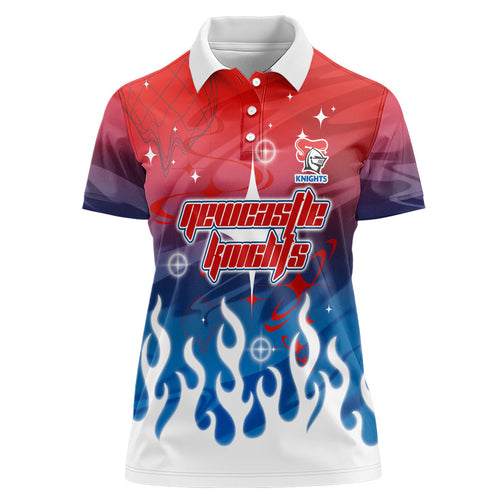 Personalized Newcastle Knights Women Polo Shirt Y2K Grunge Aesthetic With Cyber Flames and Starburst Graphics