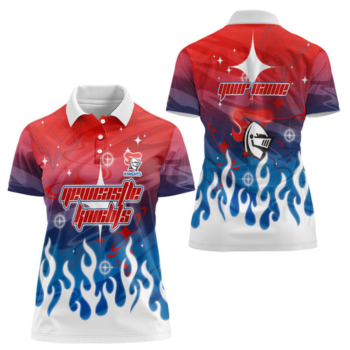Personalized Newcastle Knights Women Polo Shirt Y2K Grunge Aesthetic With Cyber Flames and Starburst Graphics
