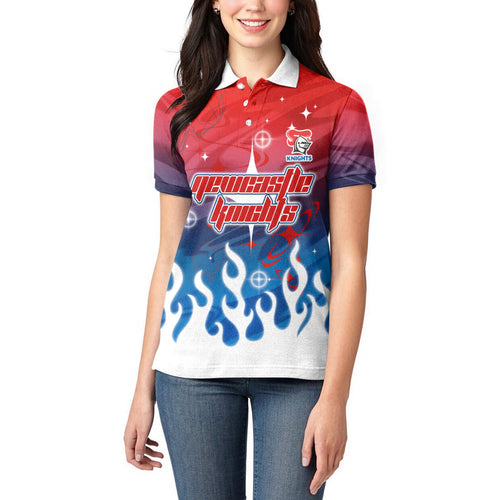 Personalized Newcastle Knights Women Polo Shirt Y2K Grunge Aesthetic With Cyber Flames and Starburst Graphics
