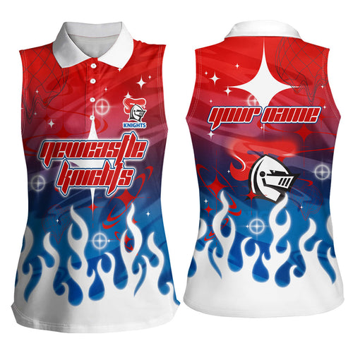 Personalized Newcastle Knights Women Sleeveless Polo Shirt Y2K Grunge Aesthetic With Cyber Flames and Starburst Graphics