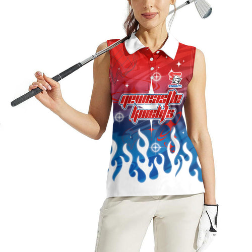 Personalized Newcastle Knights Women Sleeveless Polo Shirt Y2K Grunge Aesthetic With Cyber Flames and Starburst Graphics
